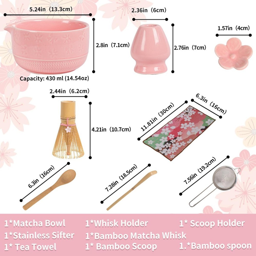 8-Piece Matcha Tea Set with Ceramic Bowls (Flower Pattern), Bamboo Whisk, Sco...