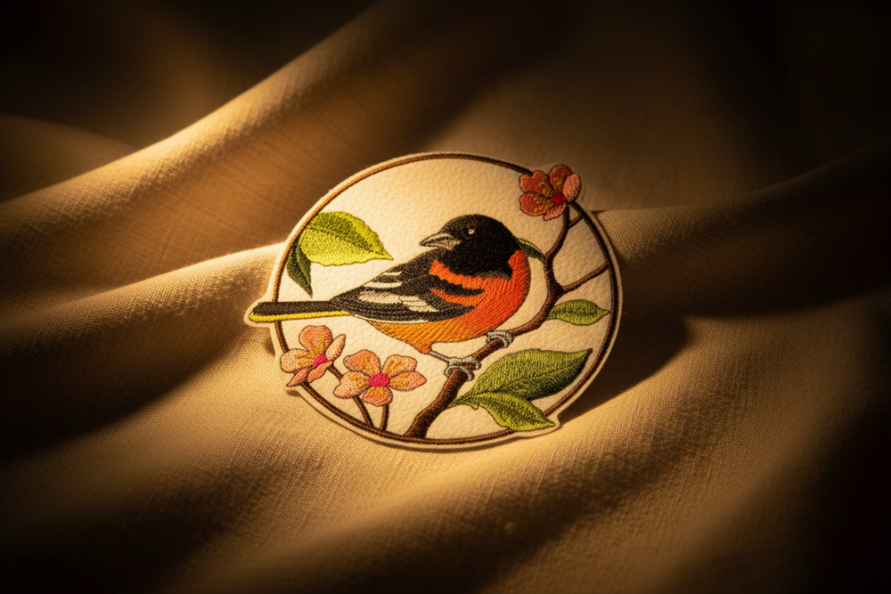 Oriole & Cherry Blossom Circle Embroidered Patch