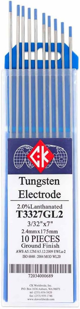 CK T3327GL2 2% Lanthanated Tungsten Electrode 3/32" X 7", 10 Pack