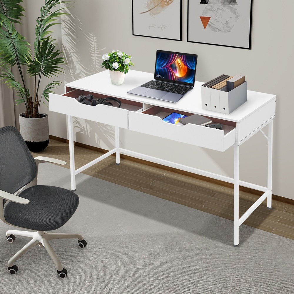 Computer Desk with 2 Drawers & Metal Frame Modern Study Writing Office Table
