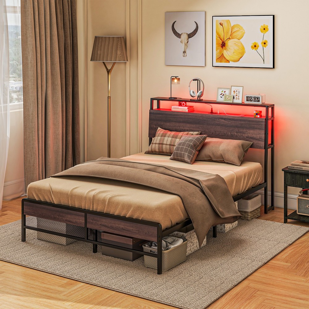 Full Size Bed Frame with Headboard, Platform Bed Frame with LED Lights