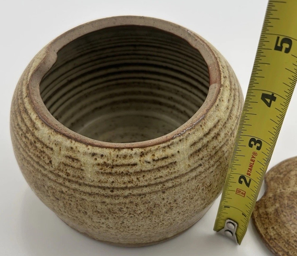 Signed Studio Pottery Lidded Jar Speckled Stoneware Rustic Trinket Jar Snail Lid