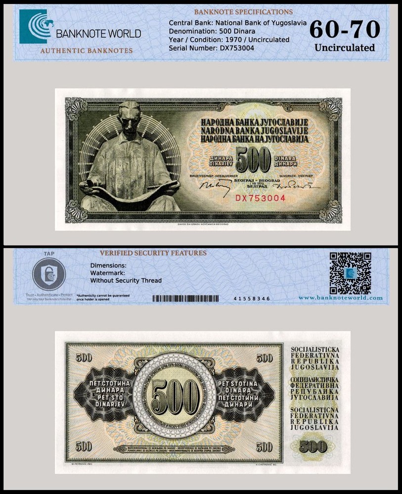 Yugoslavia 500 Dinara, 1970, P-84a, UNC, Authenticated Banknote