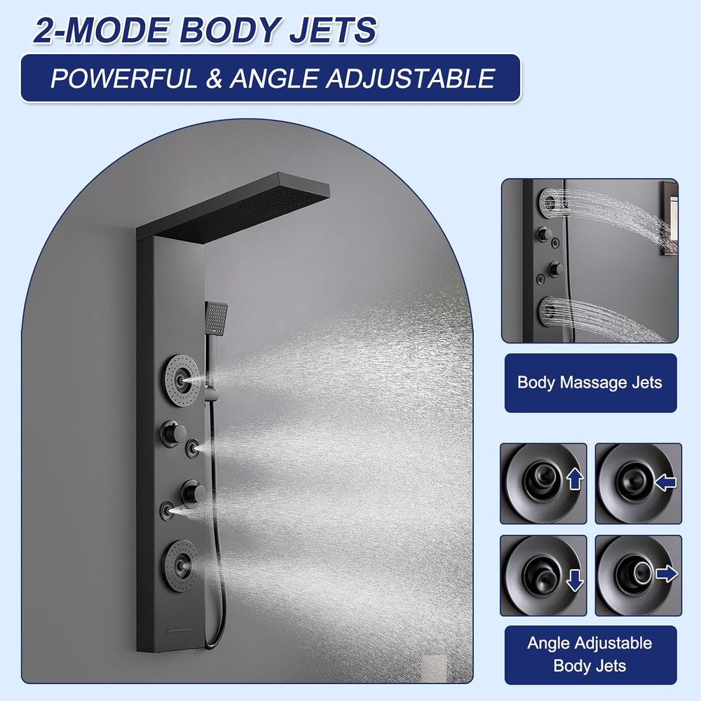 Elegant Matte Black Shower Panel with Rainfall, Jets & Handheld Spout