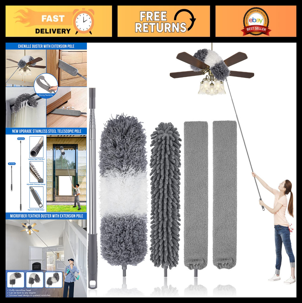 Extendable Microfiber Feather Duster Kit - Bendable, Washable, 5 Pcs for Ceiling