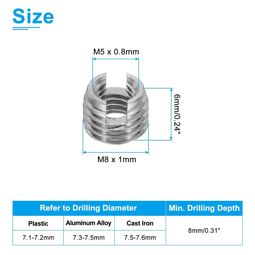 20 Pcs 303 Stainless Steel M5 x M8 x 6mm Self-Tapping Threaded Inserts