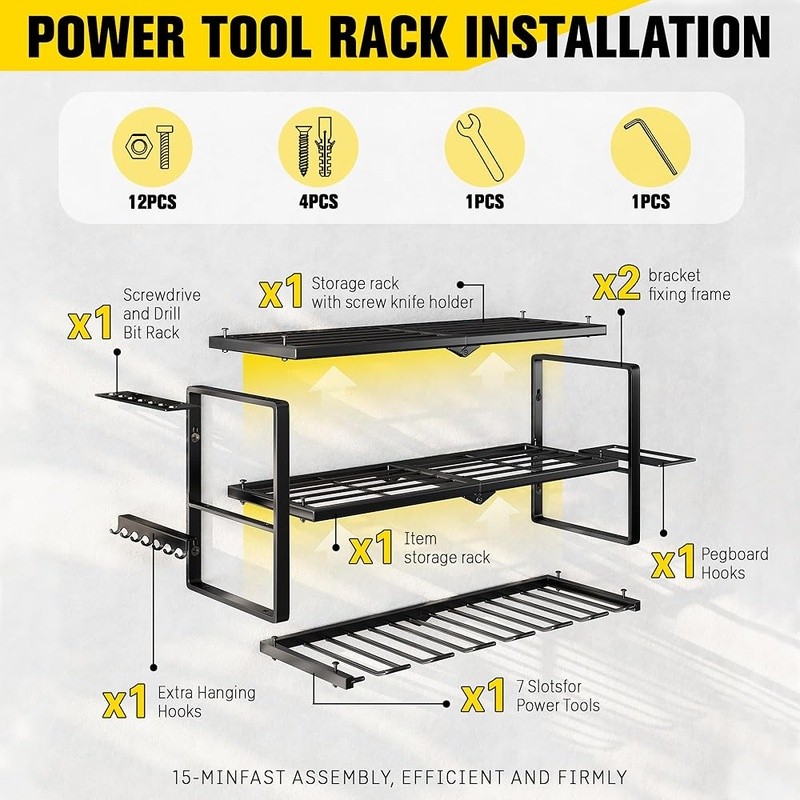 Power Tool Organizer Wall Mount 3 Layers Storage Rack W/ 7 Drill Holders Garage