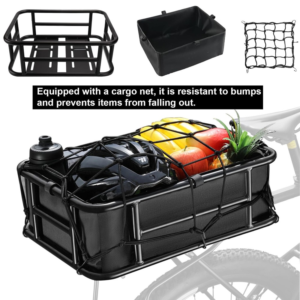Heavy-Duty Rear Cargo Basket for Bikes & E-Bikes - Includes Large, black