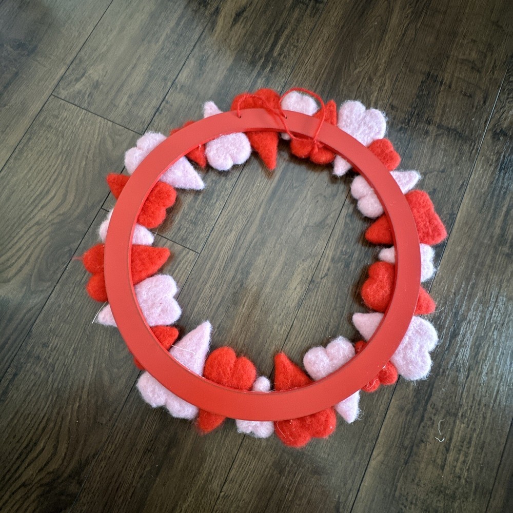 Valentines Wool Felt Hearts Wreath 16” Diameter