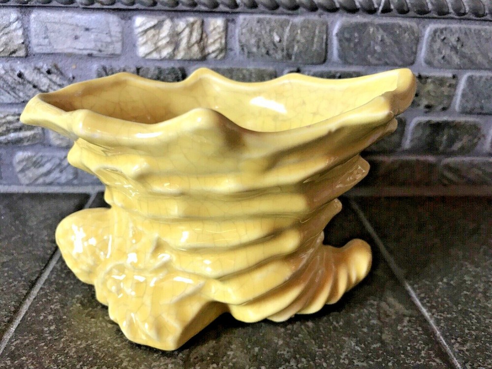 Vintage Cornucopia Planter Yellow Crackled Glaze Thanksgiving Fall Ceramic