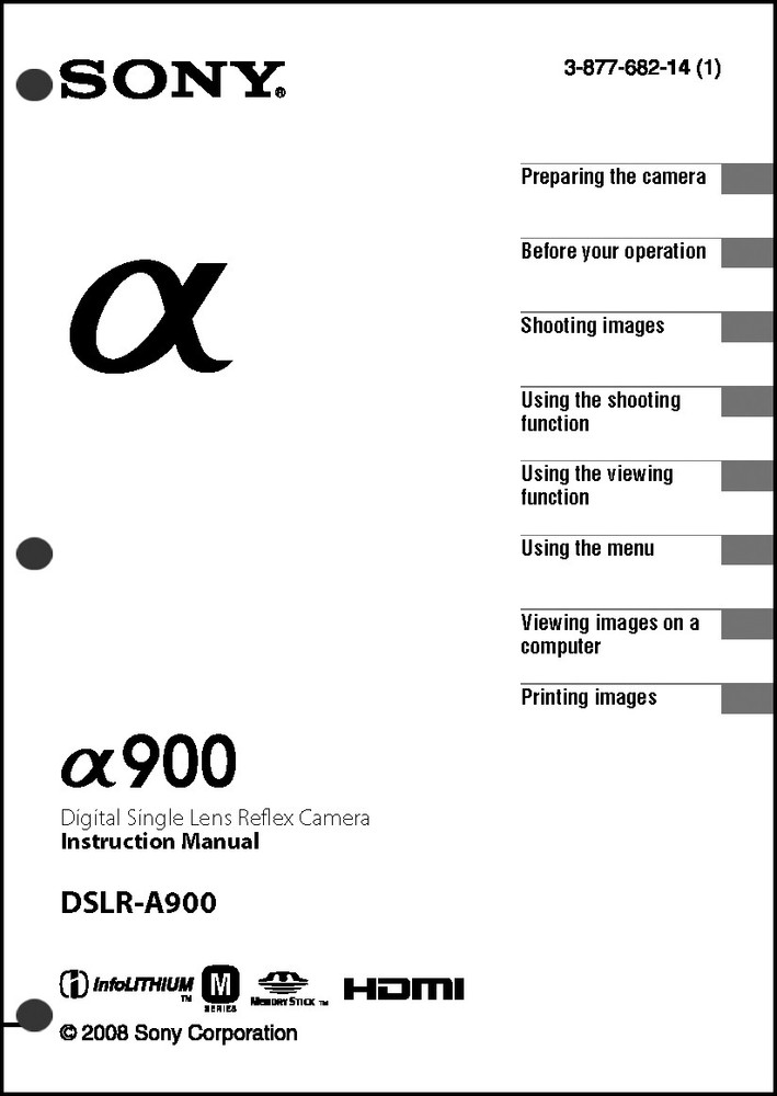 Sony DSLR Alpha A900  Digital Camera User Guide Instruction  Manual