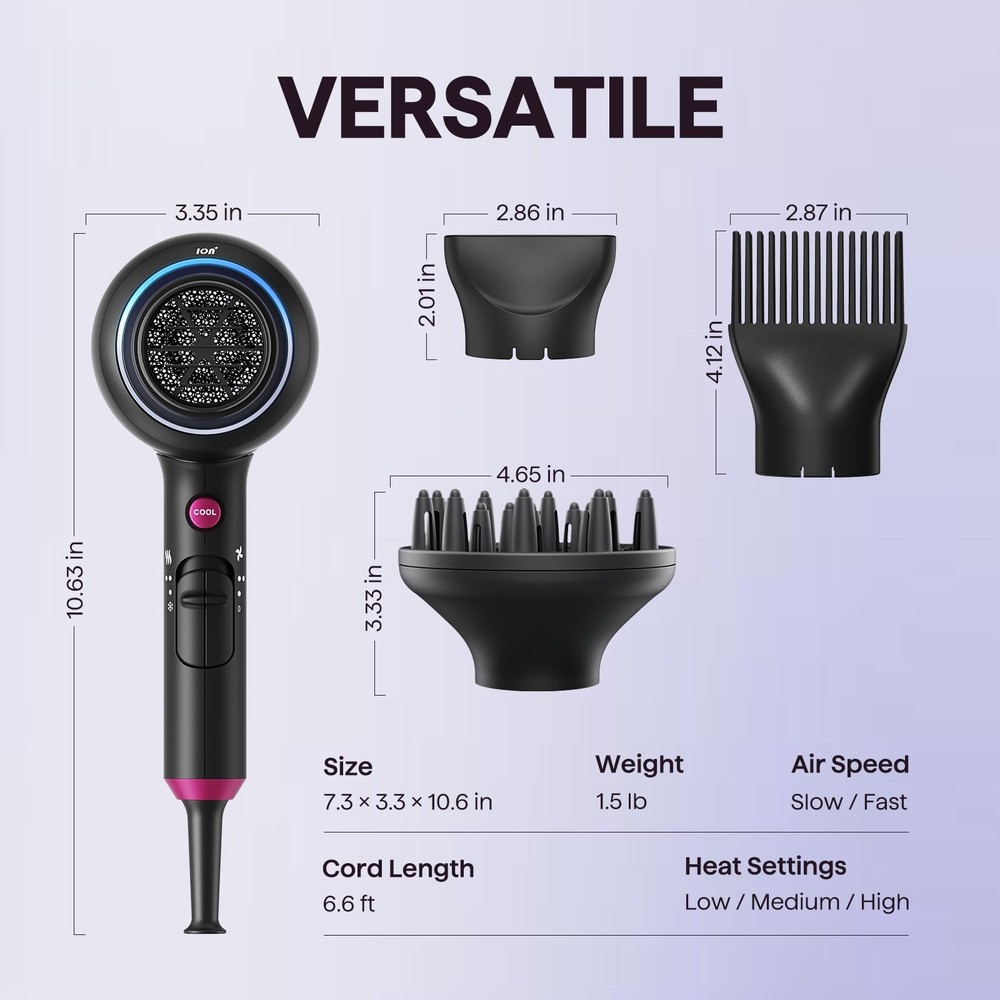 Hair Dryer with 600 g, Elegant Matte Black (Comb+diffuser+nozzle)