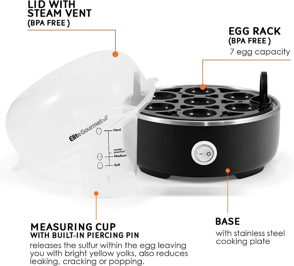 Electric 7-Egg Cooker with Auto Shut-Off - Easy Soft, Medium, Hard-Boiled Eggs