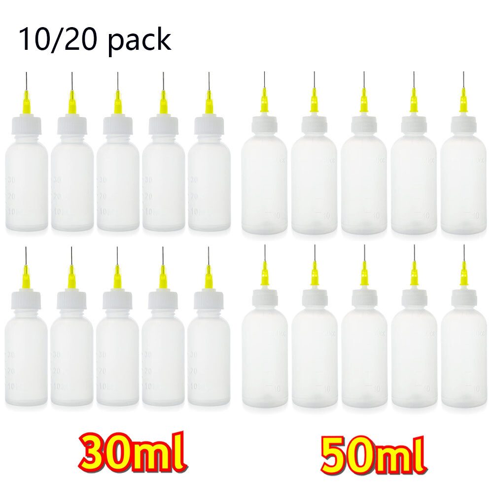 10/20pcs Quality Empty Needle Tip Squeezable LDPE PP Bottles 30/50ml- WHITE CAP