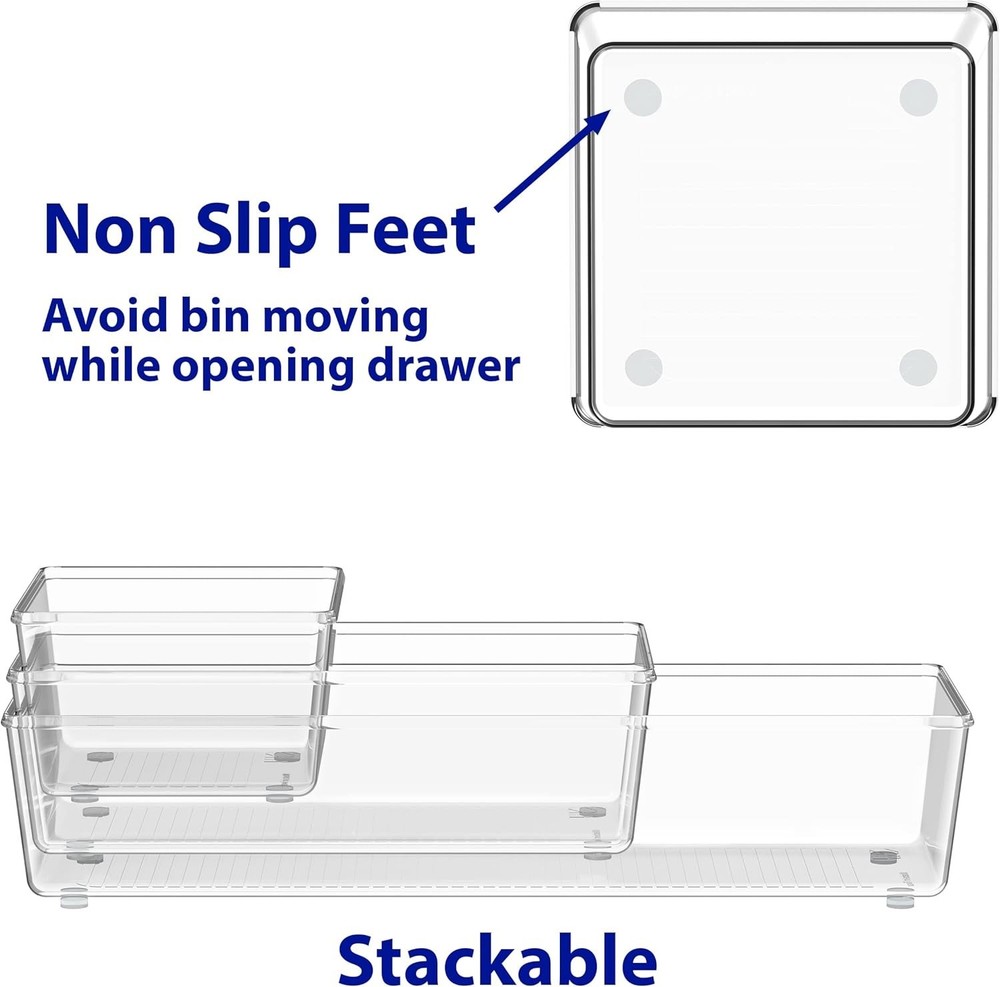 Elegant Clear Drawer Organizer Set - 6 Pack Assorted Sizes for Versatile Storage