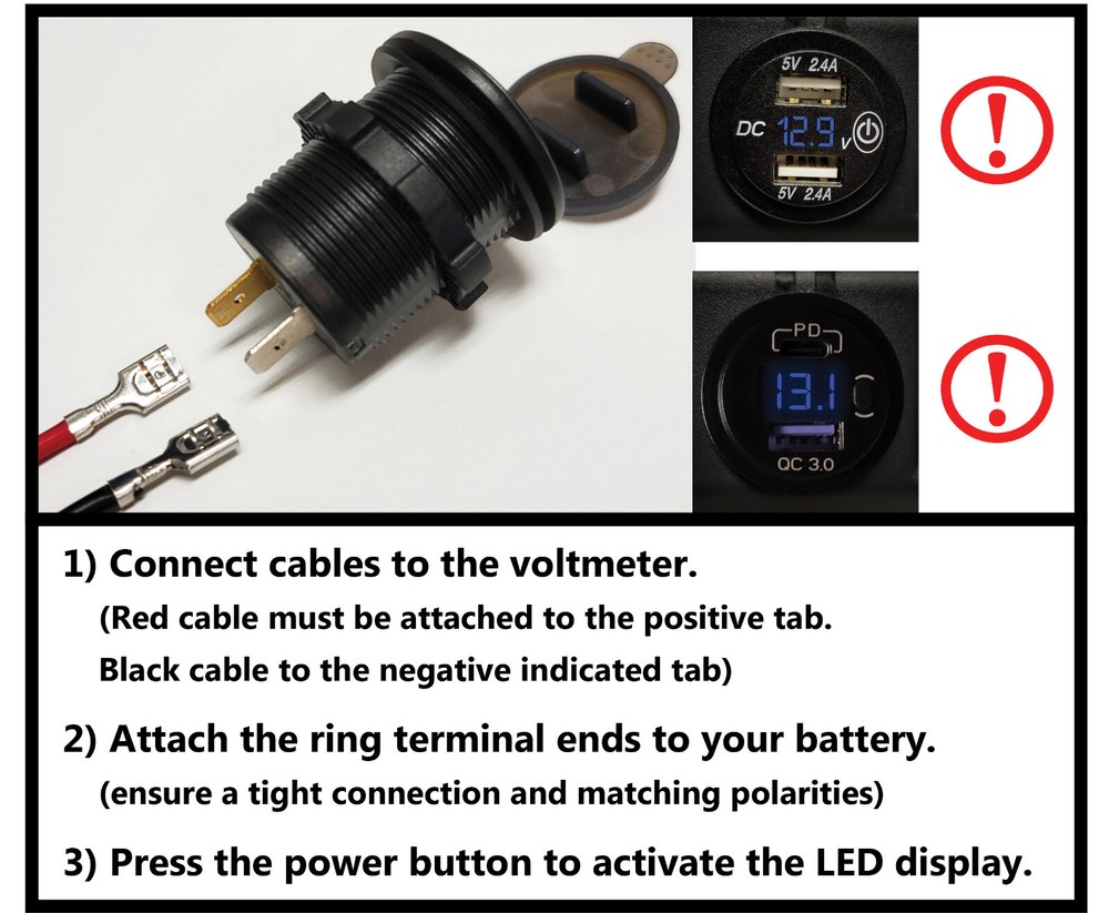 Voltmeter Dual USB Digital LED 5/16" Ring Cables Panel battery Box Install K3VU
