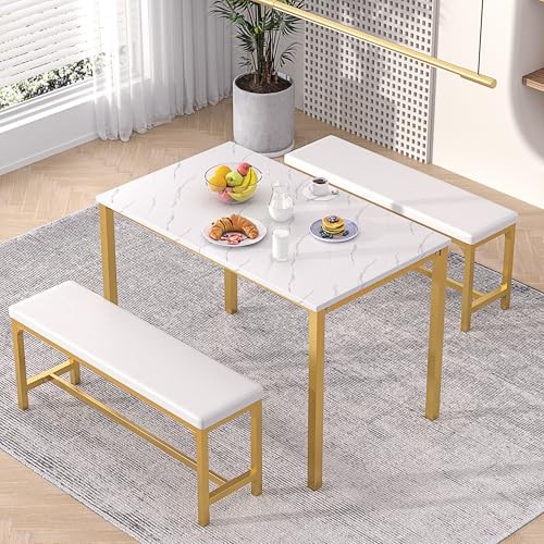 3-Piece 63" Extendable Kitchen Table with Benches/Chairs, Modern White