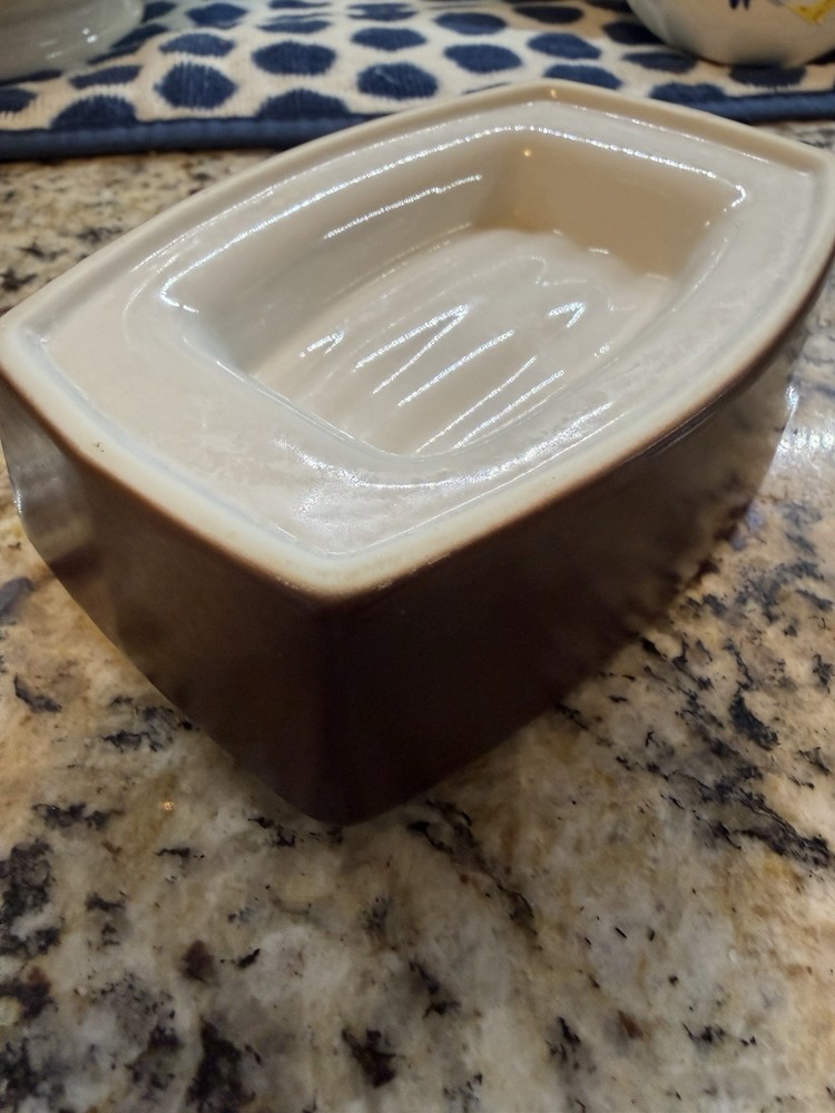 1950s rectangular stoneware butter dish with a cream interior and brown exterior