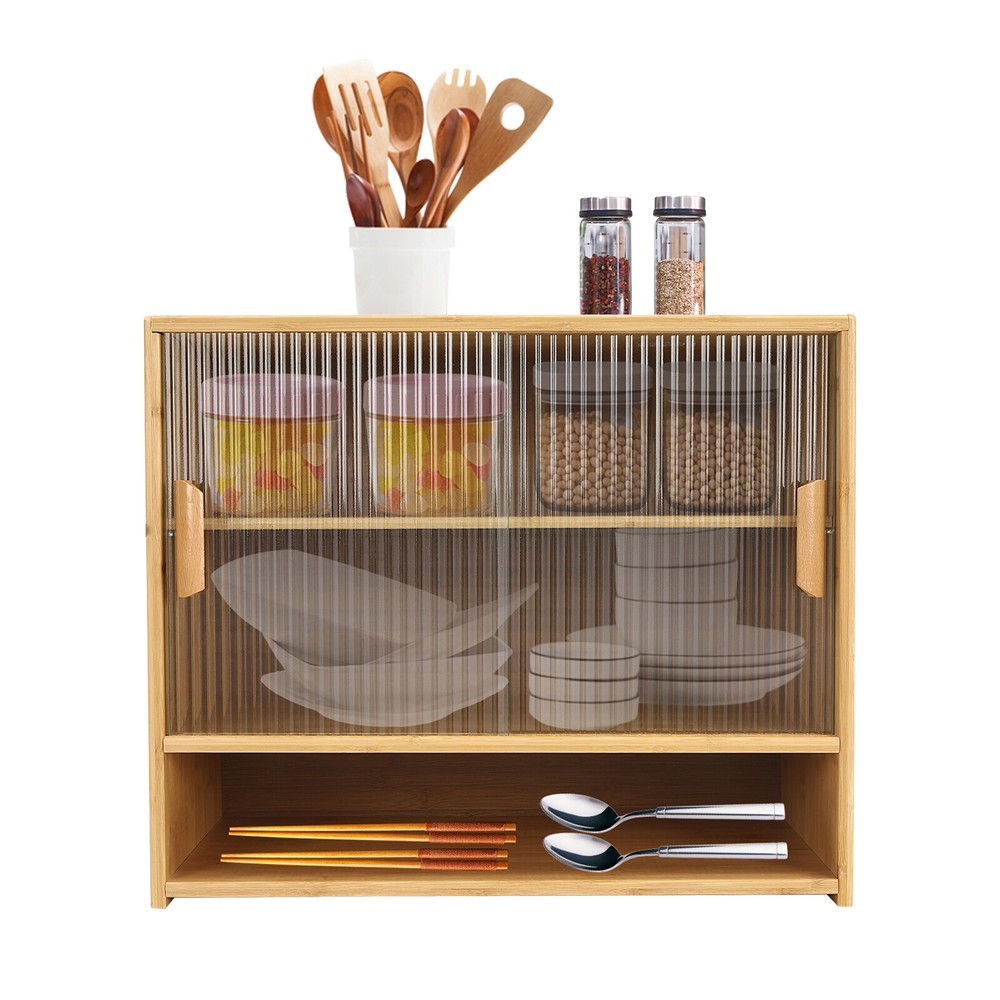 Kitchen Sideboard Bamboo Storage Cabinet with 2 Sliding Door Cupboard Sideboard