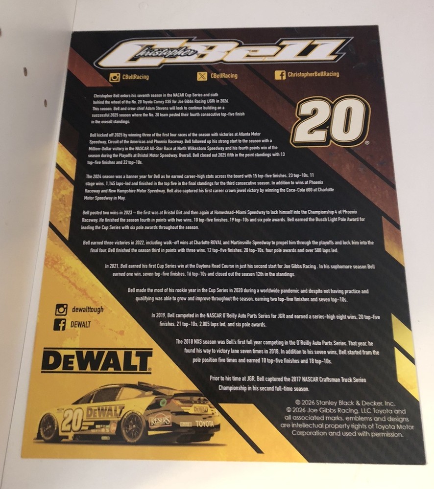 Nascar Driver #20 Christopher Bell Dewalt 2026 Postcard