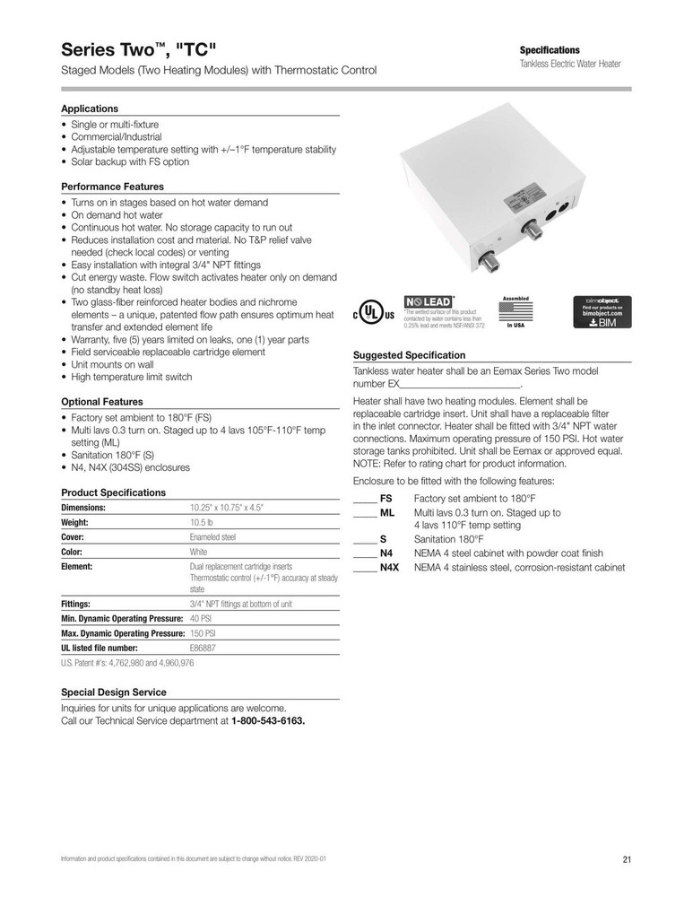 Eemax Ex160tc Electric Tankless Water Heater 277VAC Commercial General Purpose