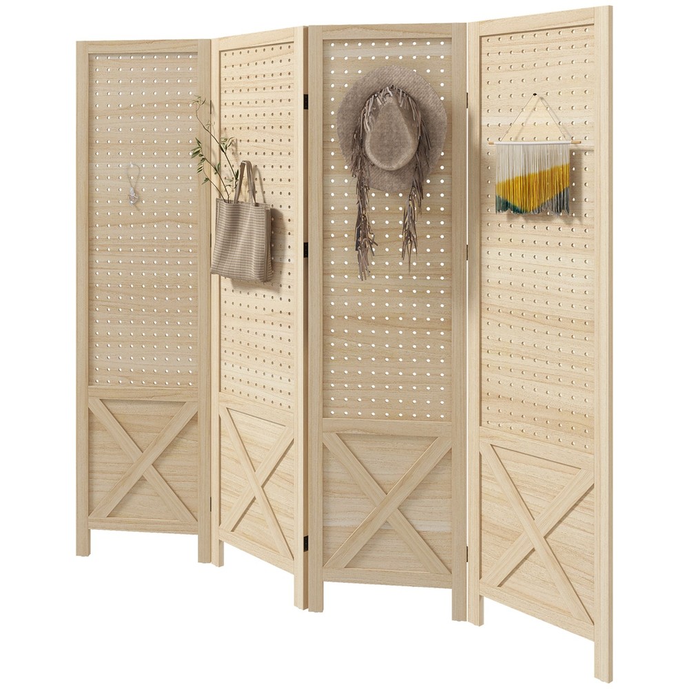 4-Panel Wooden Room Divider Pegboard Display, Folding Privacy Screen Home Office