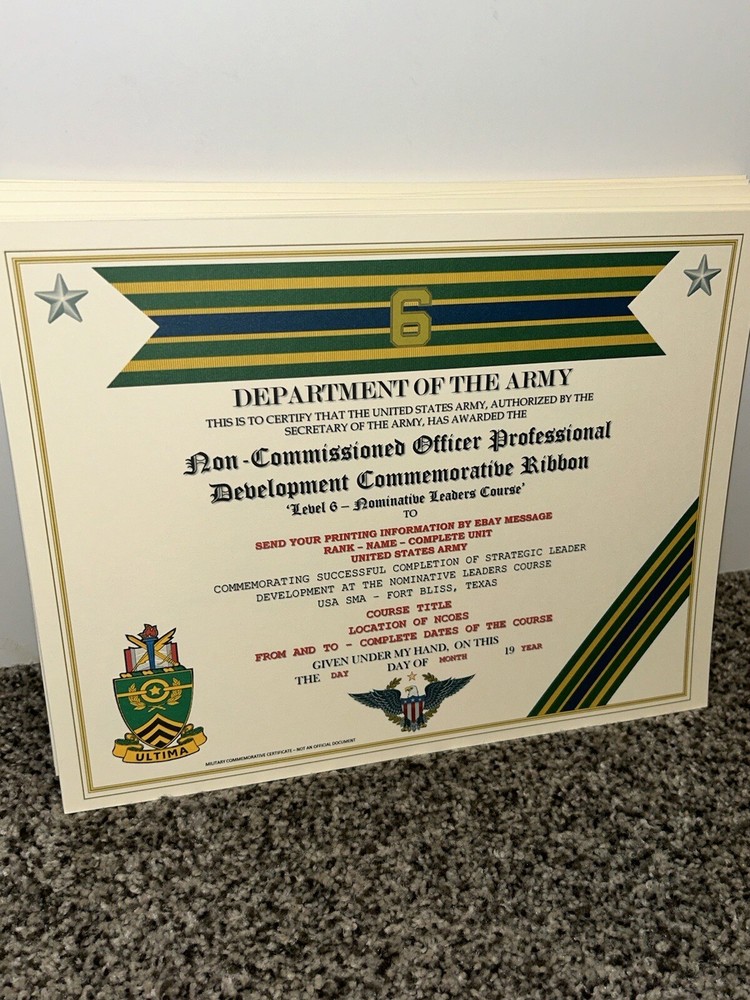 NCO PROFESSIONAL DEVELOPMENT LV-6 COMMEMORATIVE CERTIFICATE ~ W/PRINTING TYPE-1
