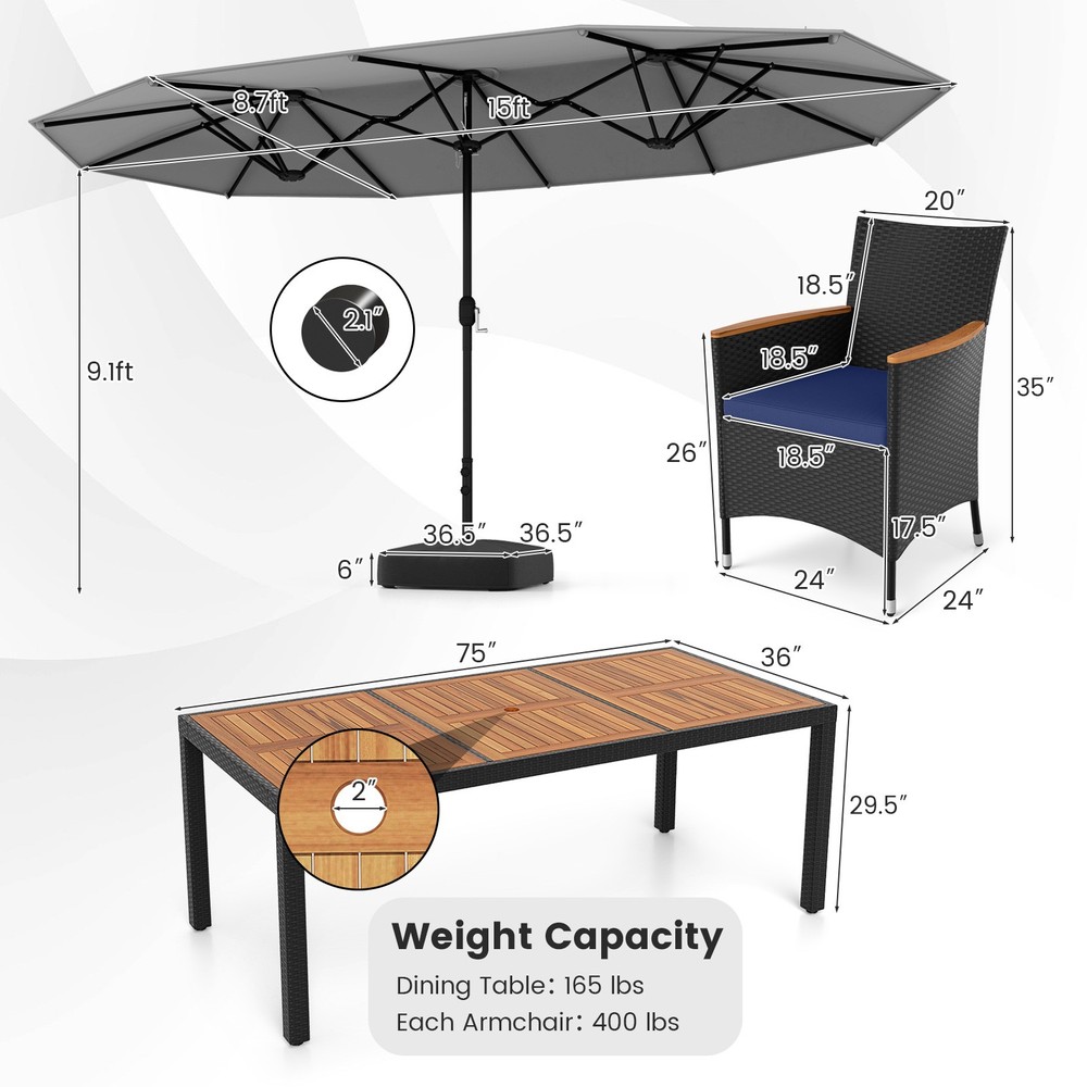 11 PCS Patio Wicker Dining Set w/Double-Sided Outdoor Umbrella 8 Stackable