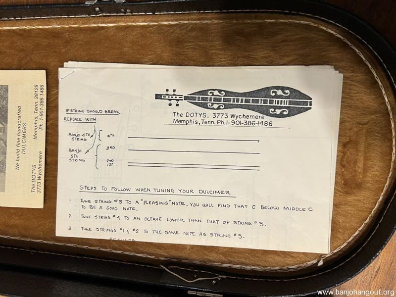 Daniel Doty mountain dulcimer with case and Doty papers
