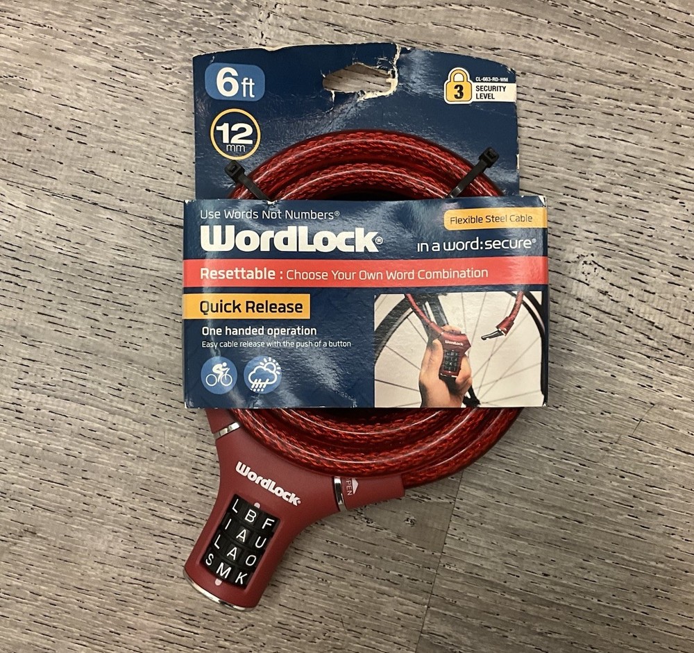 Wordlock Combination Lock Secures Bicycles & More Original Packaging 6 Ft Red