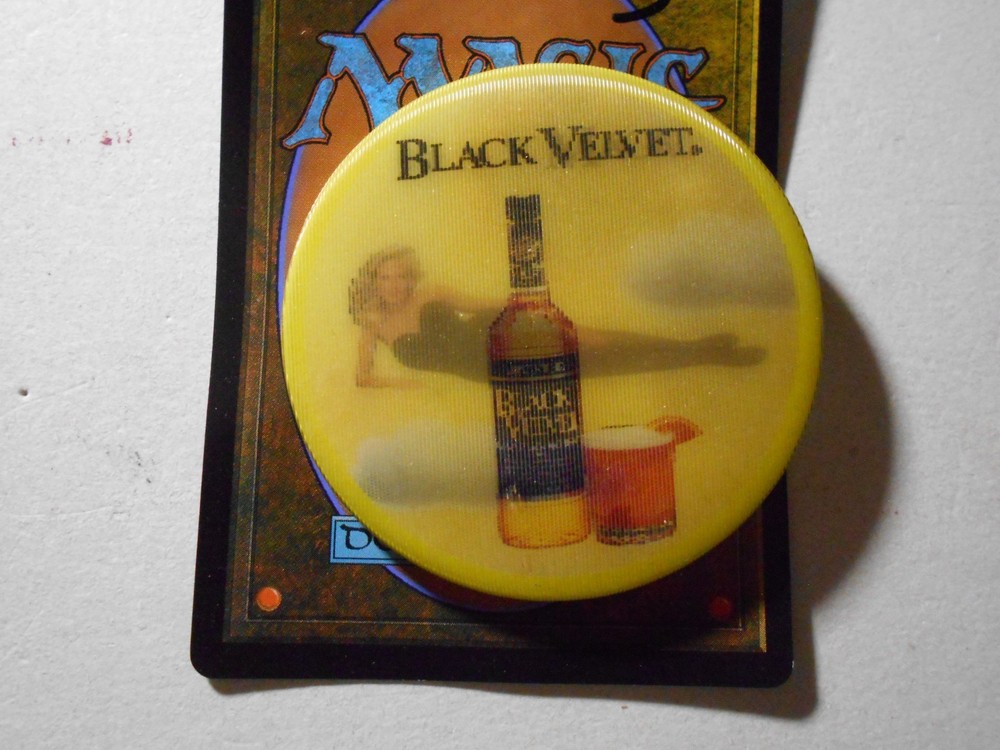B028: 2.25" Black Velvet whiskey / Black Magic flasher pinback button