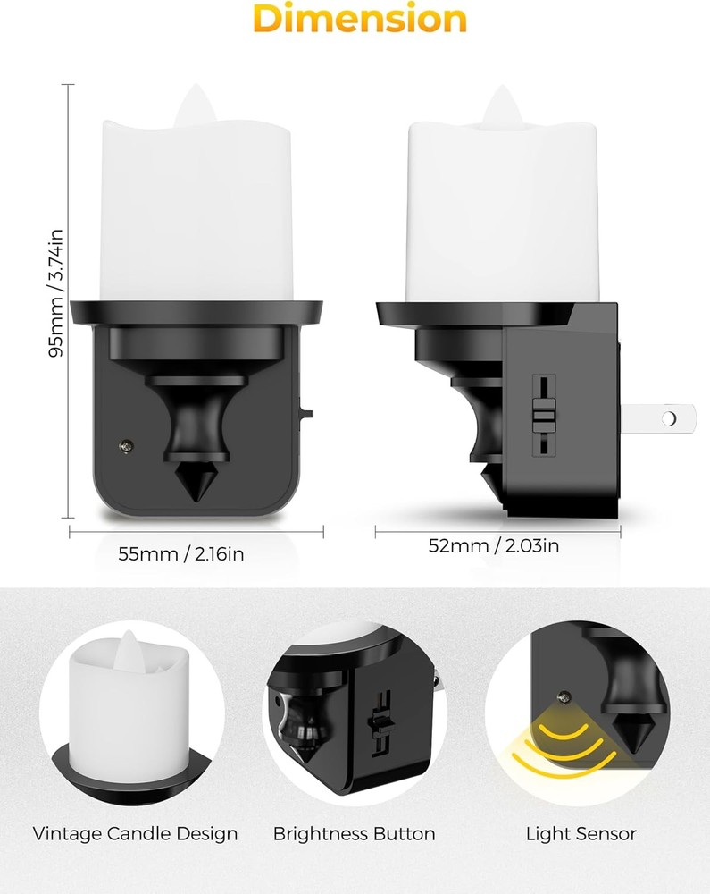 Flameless Candle Night Light, Lights Plug into Wall 2 2 Pack, Warm