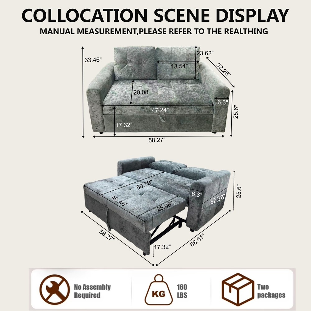 Chenille Sleeper Sofa Bed Loveseat Convertible with Pull Out Bed & USB Port