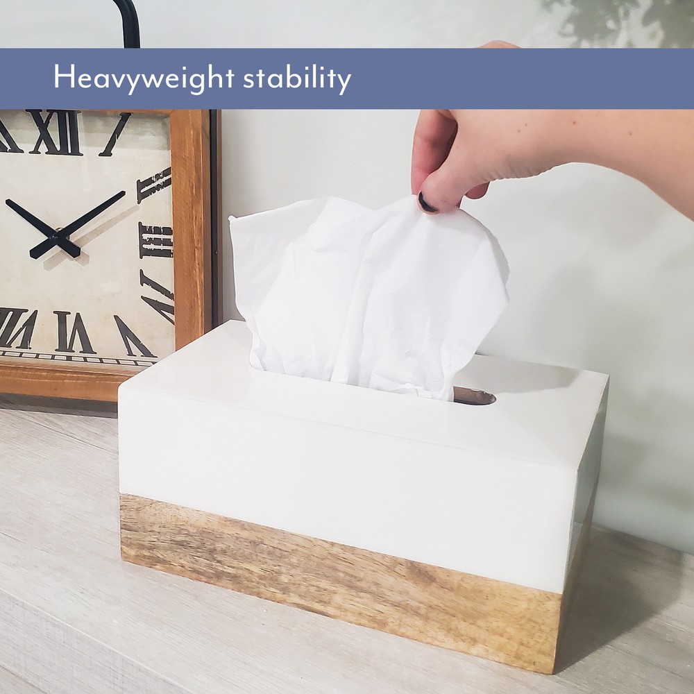 White Enamel/Mango Wood Rectangular Tissue Box Cover; Scandinavian Decor Oblong