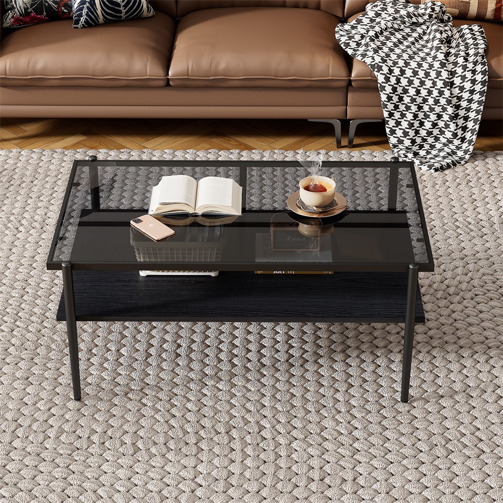 Bilayer Gray Tempered Glass Coffee Table Rectangular Home Deco Storage Shelf