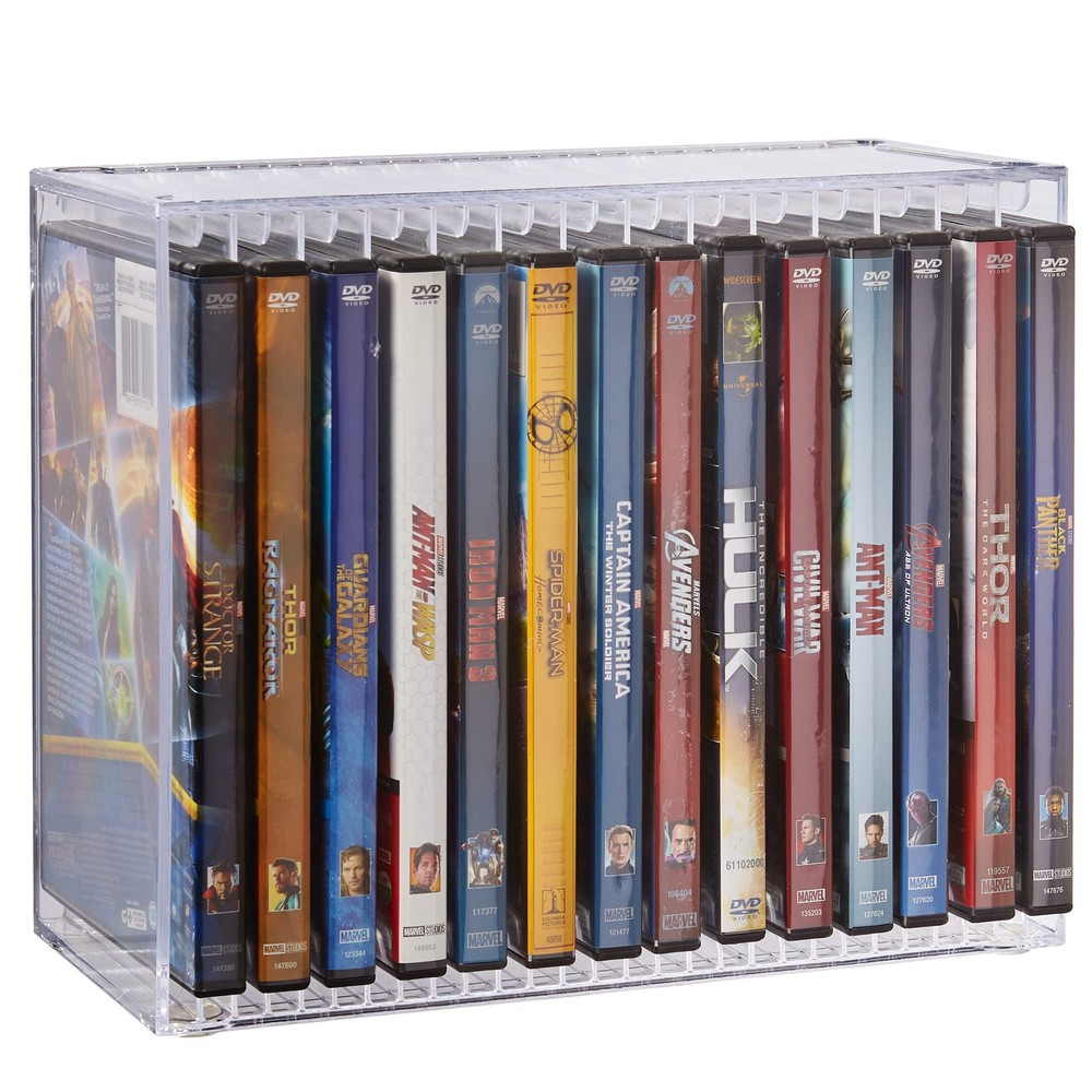 Stackable Clear Plastic DVD Organizer with Rubber Feet | Rectangular Holder Perf