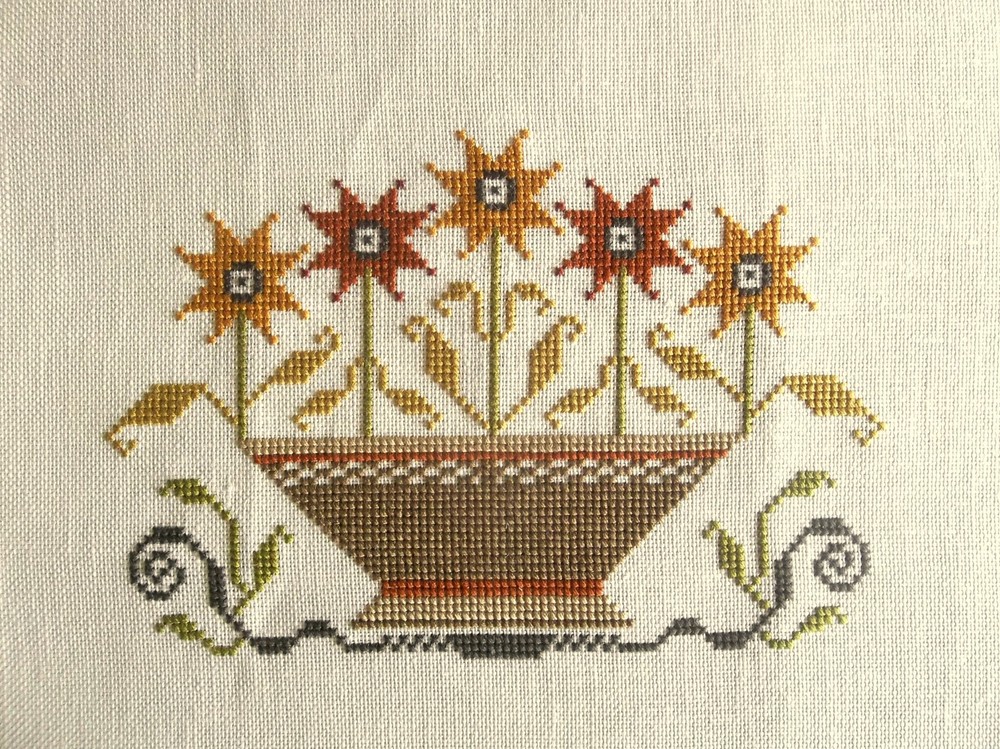 Complete Finished Cross Stitch:  BASKET WITH FIVE FLOWERS - STYLIZED