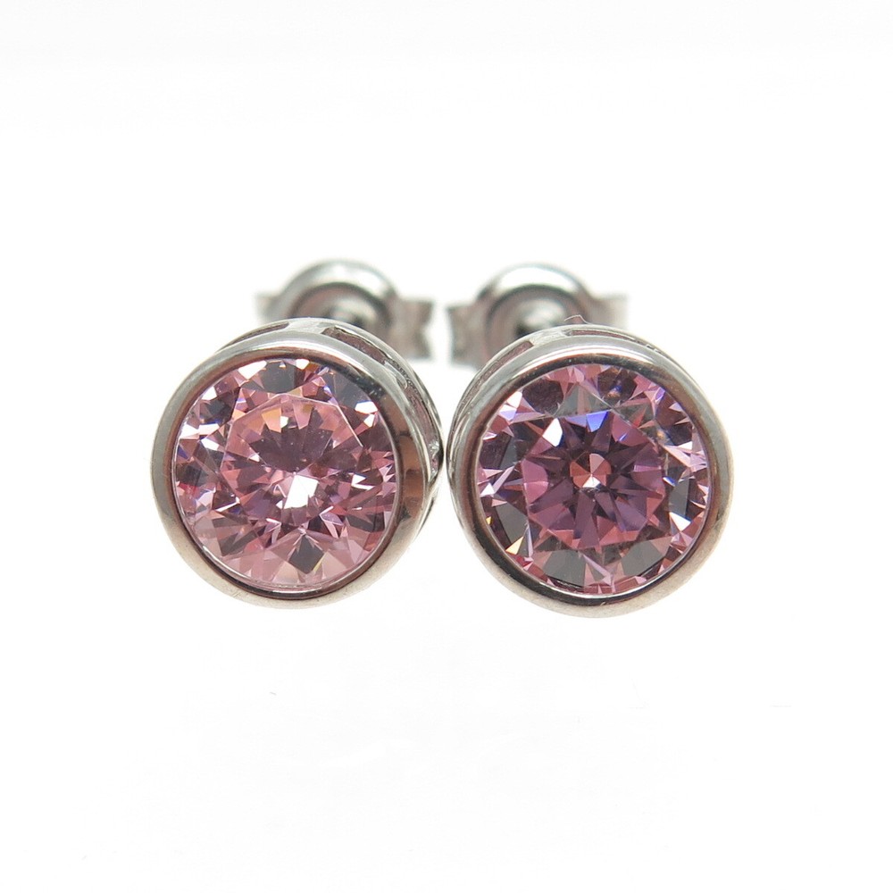 925 Sterling Silver Round-Cut Pink C Z Stud Earrings