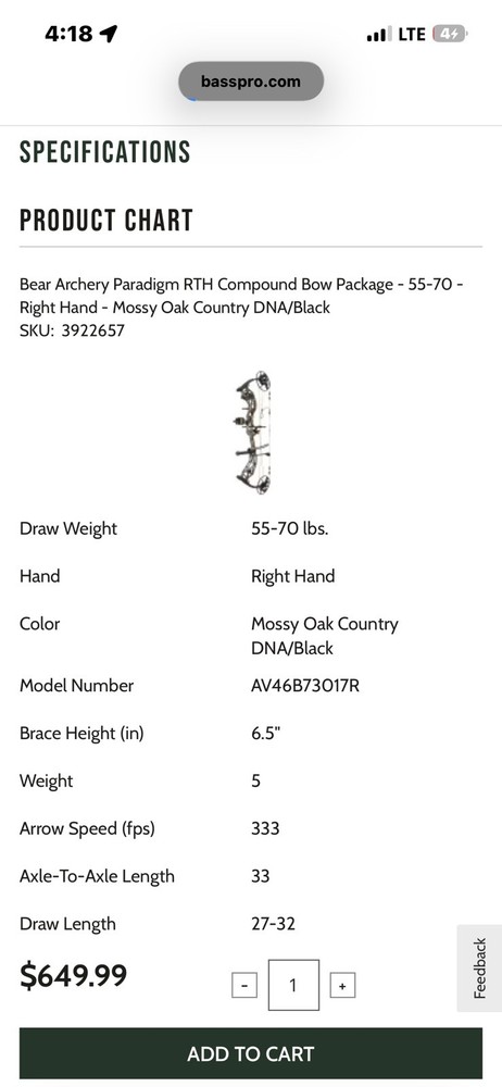 Bear Paradigm RTH TRUE TIMBER Compound Bow Package Right Hand Camo New