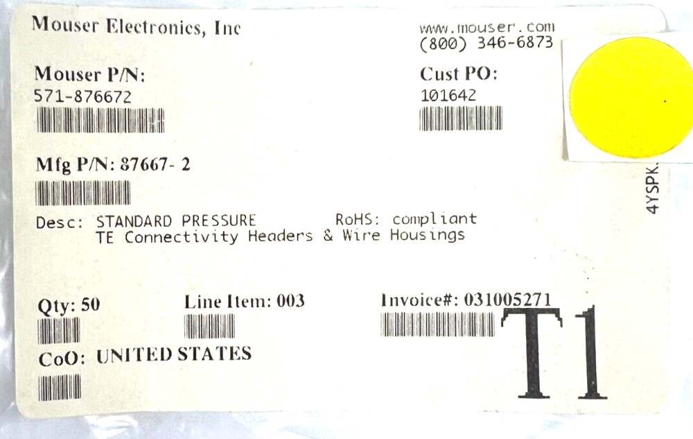 MOUSER ELECTRONICS INC 571-876672 TE CONNECTIVITY HEADERS & WIRE HOUSING