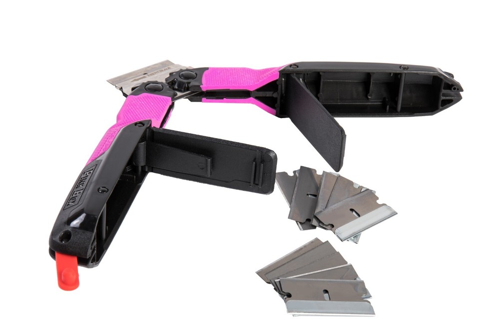 Folding Razor Blade Scraper with Locking Handle, Includes 10 T10 Blades, Pink