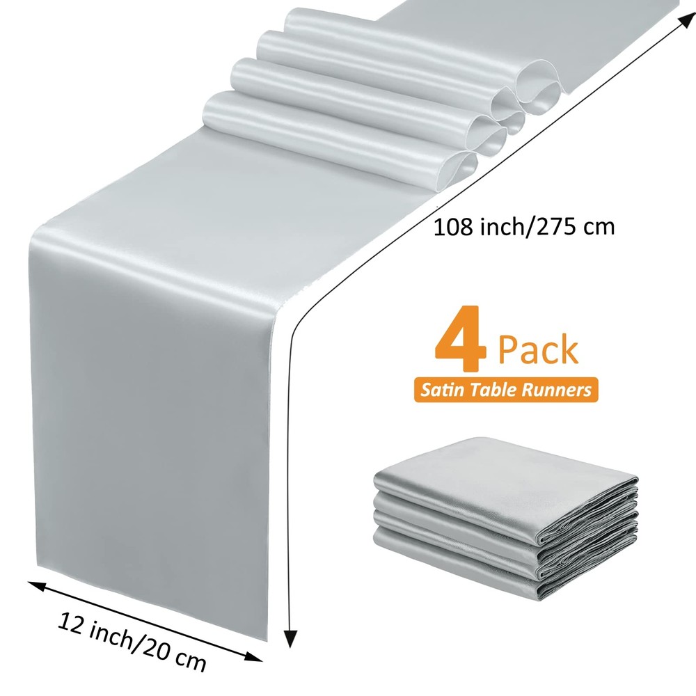 4 Pcs Silver Satin Table Runner 12 x 108 Inch Long Bright Smooth Decorations