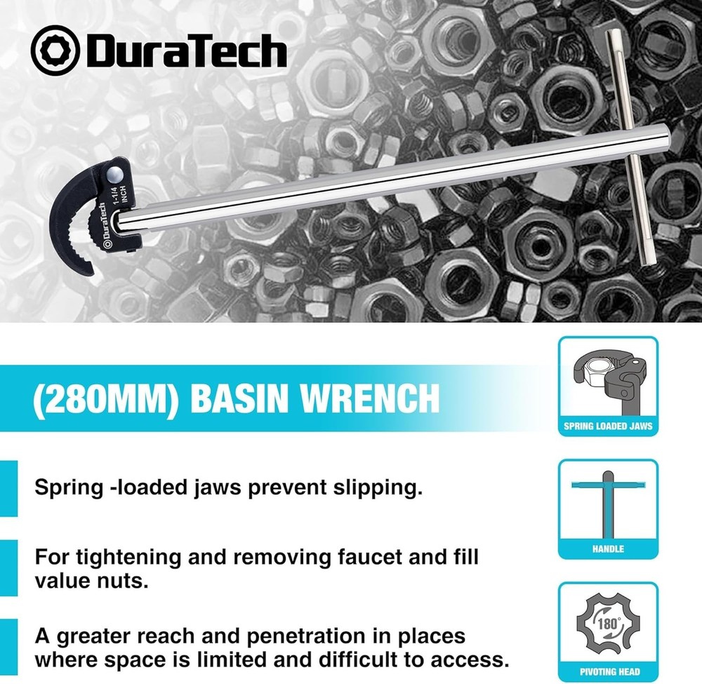 11" Basin Wrench, Sink Wrench, Adjustable Tap Nut Spanner Basin Spanner, Capa...