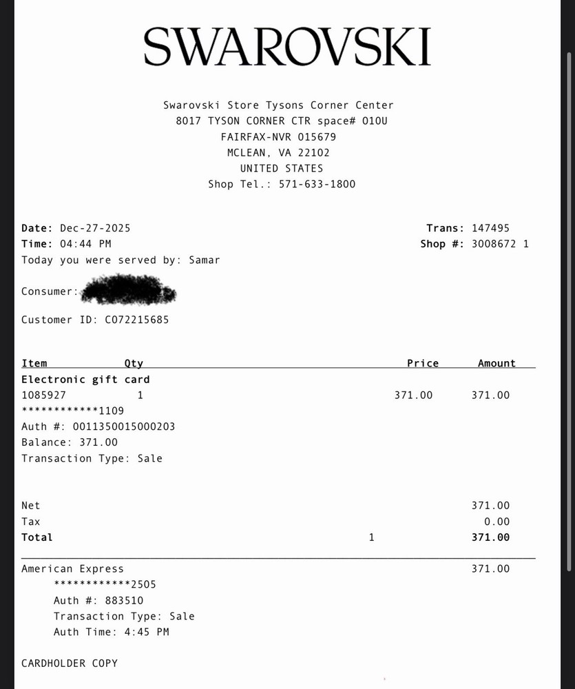 Swavorski GIFT CARD $371