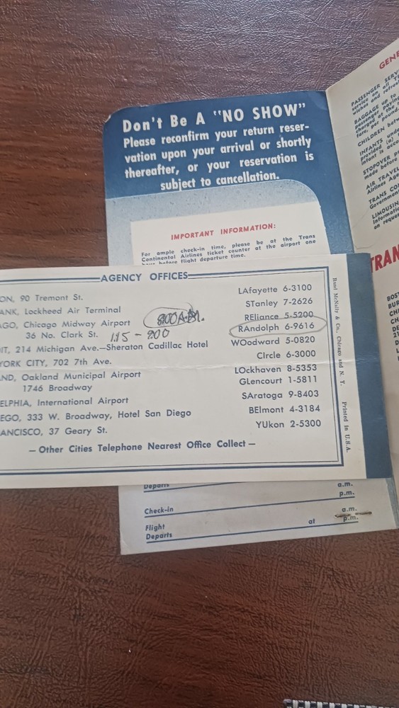 Vintage 1950s Trans Continental Airlines Ticket