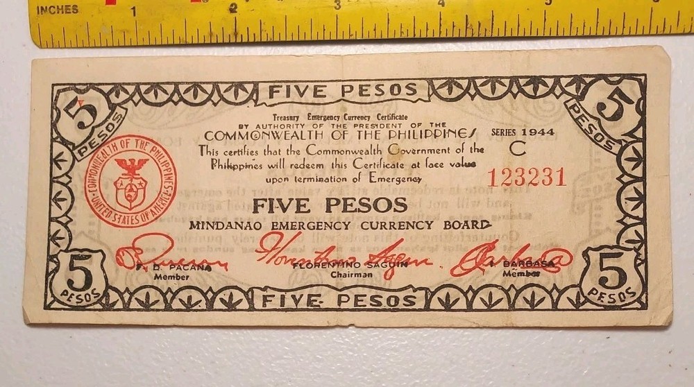 1944 Philippines/ Mindanao 5 Pesos Emergency WWII Note