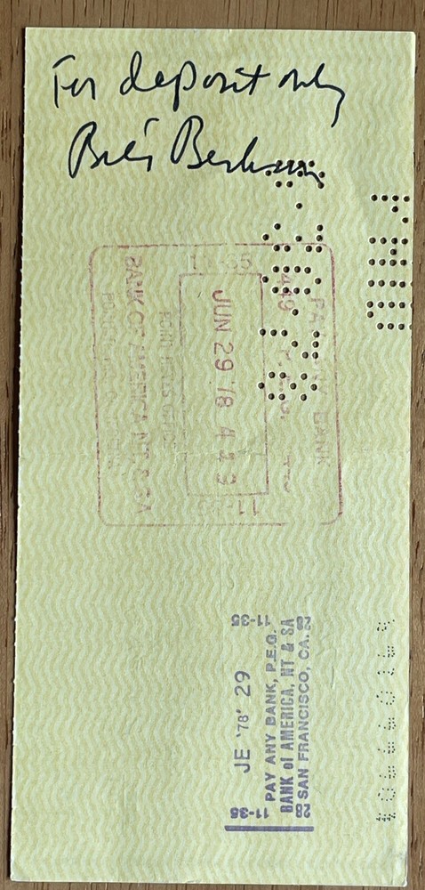 Poet Bill Berkson Autograph Check from Publisher (Document Signed)