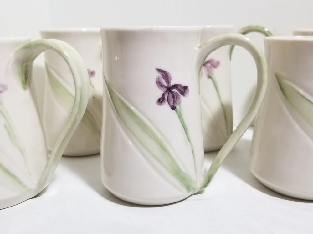6 Iris Flower Art Pottery Espresso Cups & Creamer Studio Signed Jean Silvermann