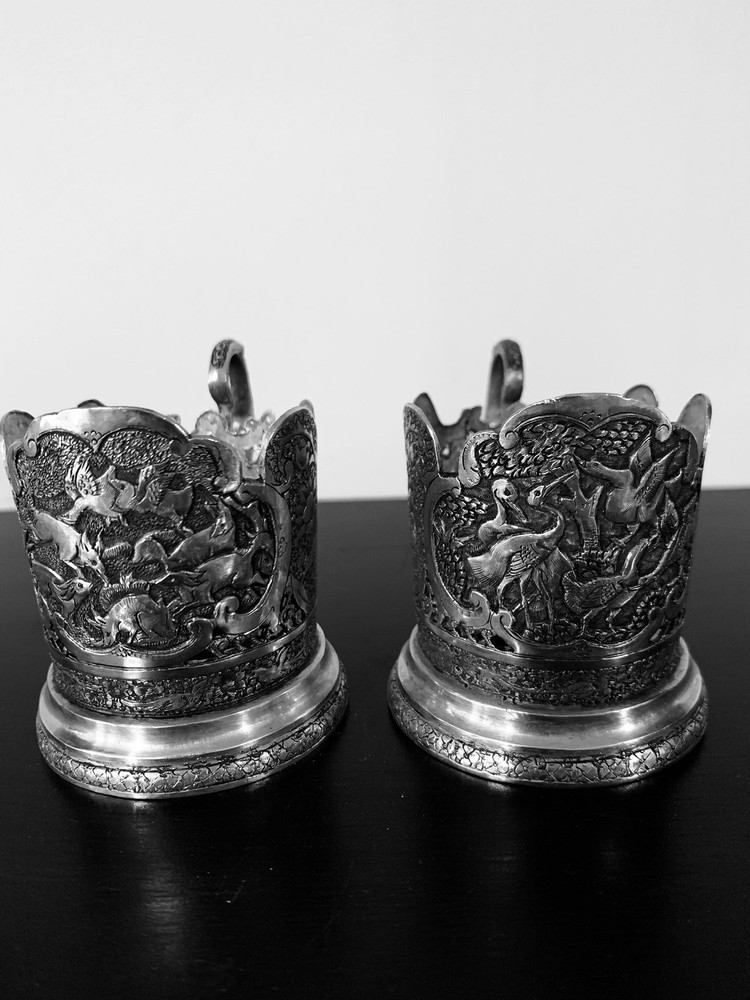 antique hand engraved persian islamic arabic solid silver paircup holders 136 g
