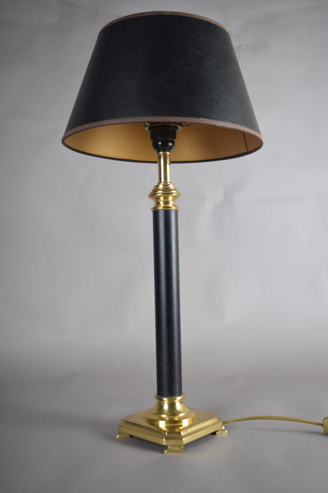 Black Column Table Lamp with Brass Base and Shade